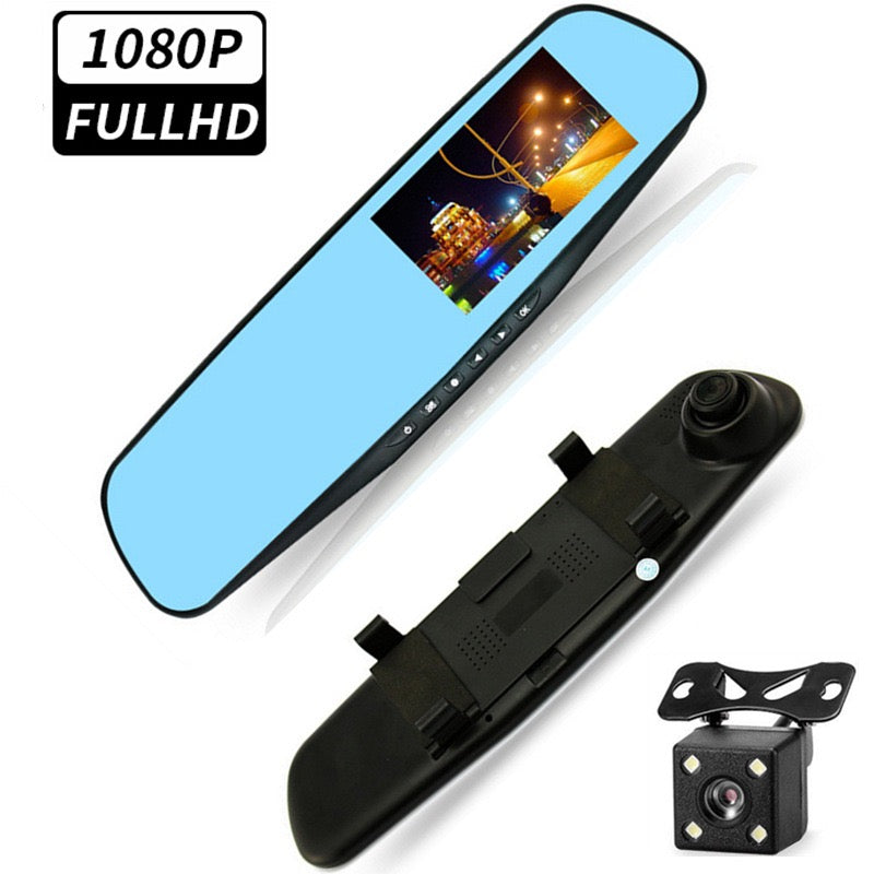 Car Dual Lens Dash Cam 1080P HD Rear View Mirror Camera with Night Vision & Loop Recording