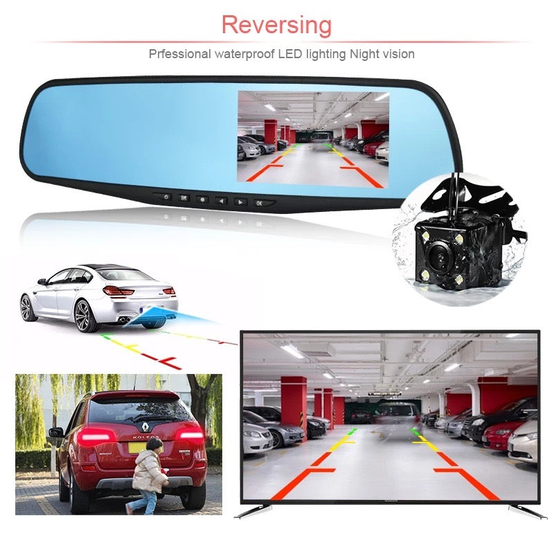 Car Dual Lens Dash Cam 1080P HD Rear View Mirror Camera with Night Vision & Loop Recording