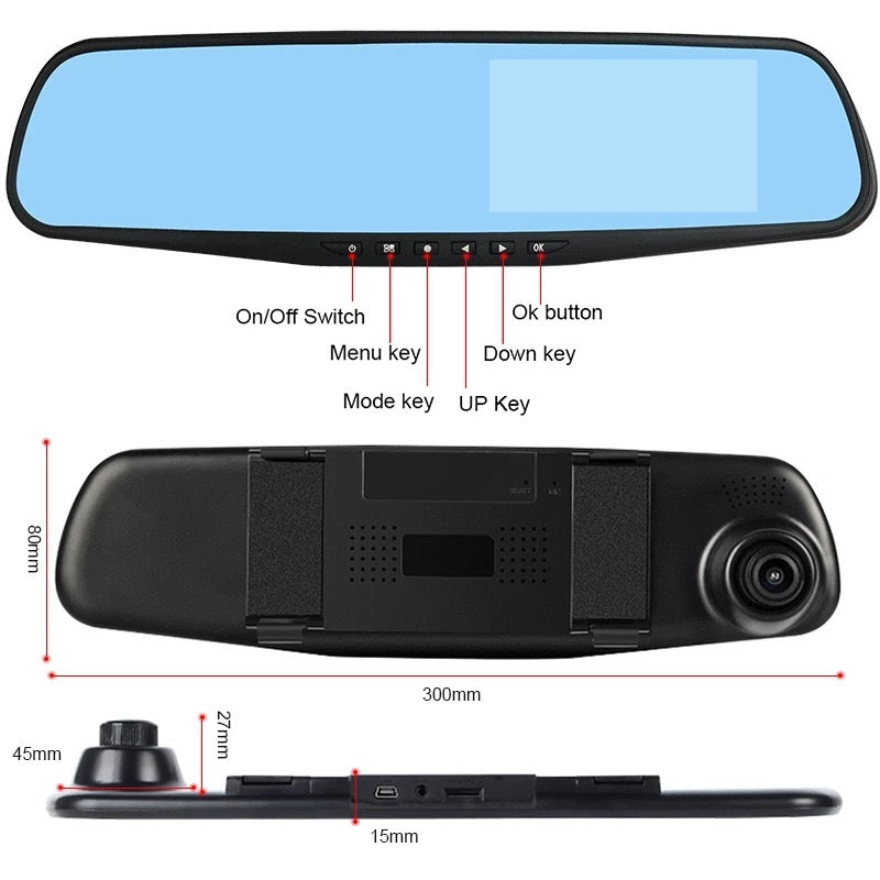 Car Dual Lens Dash Cam 1080P HD Rear View Mirror Camera with Night Vision & Loop Recording