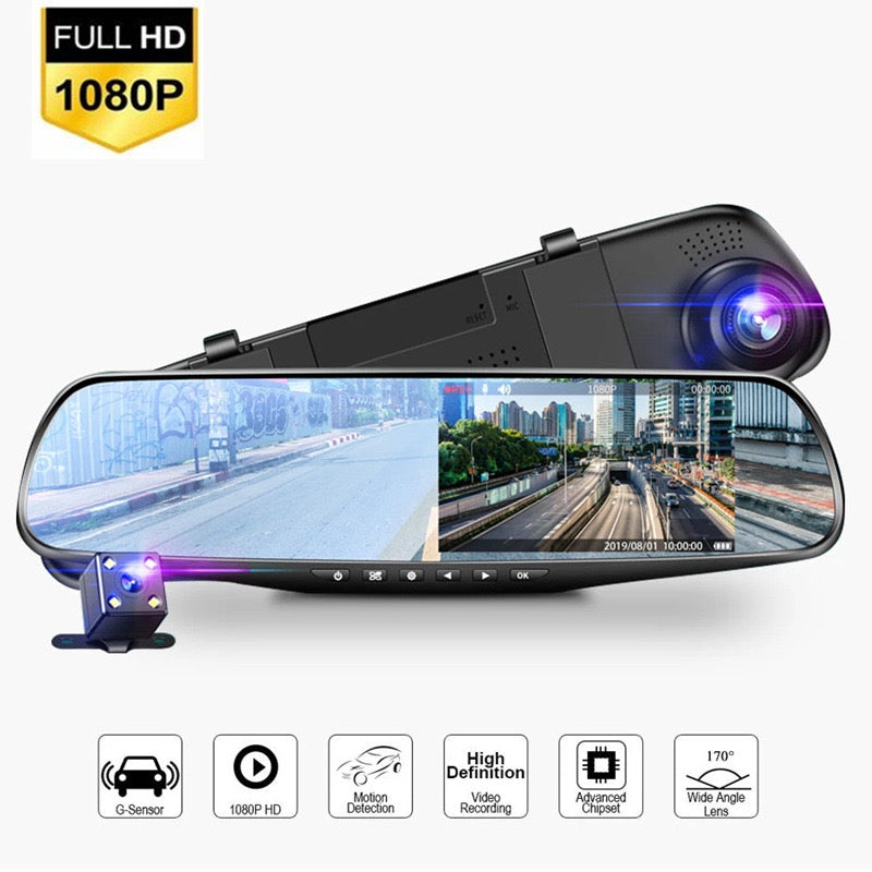 Car Dual Lens Dash Cam 1080P HD Rear View Mirror Camera with Night Vision & Loop Recording