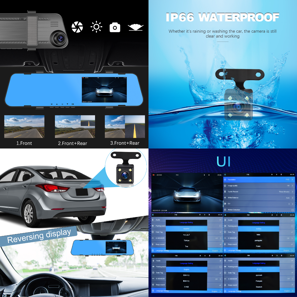 Car Dual Lens Dash Cam 1080P HD Rear View Mirror Camera with Night Vision & Loop Recording