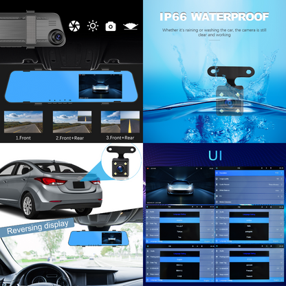 Car Dual Lens Dash Cam 1080P HD Rear View Mirror Camera with Night Vision & Loop Recording
