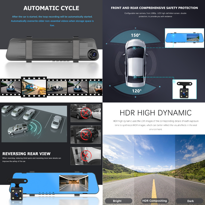 Car Dual Lens Dash Cam 1080P HD Rear View Mirror Camera with Night Vision & Loop Recording