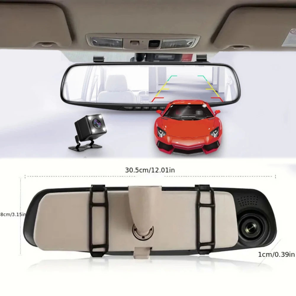 Car Dual Lens Dash Cam 1080P HD Rear View Mirror Camera with Night Vision & Loop Recording