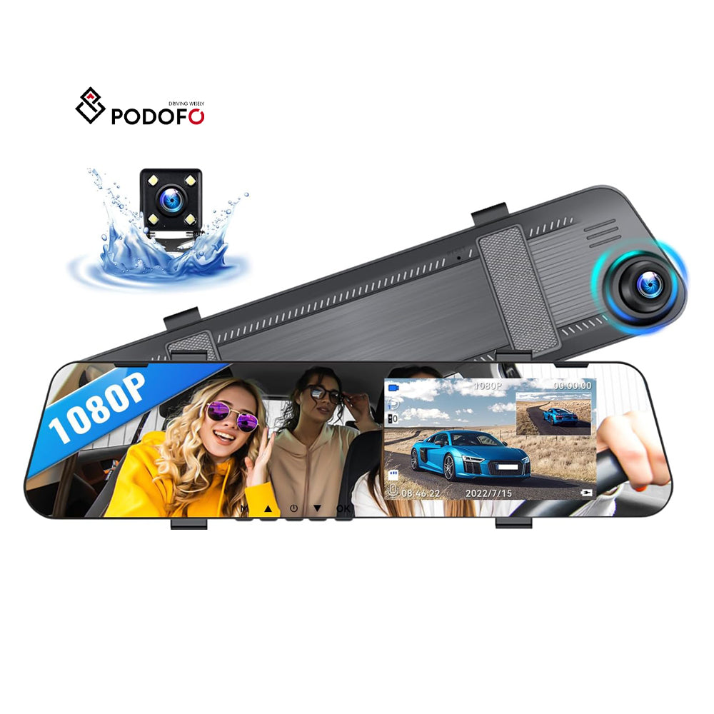 Car Dual Lens Dash Cam 1080P HD Rear View Mirror Camera with Night Vision & Loop Recording