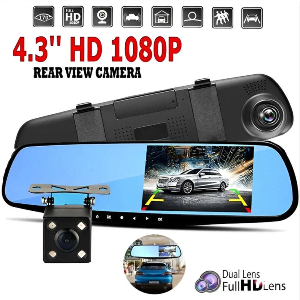 Car Dual Lens Dash Cam 1080P HD Rear View Mirror Camera with Night Vision & Loop Recording