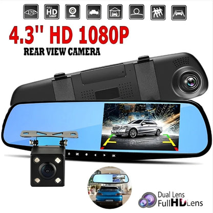 Car Dual Lens Dash Cam 1080P HD Rear View Mirror Camera with Night Vision & Loop Recording