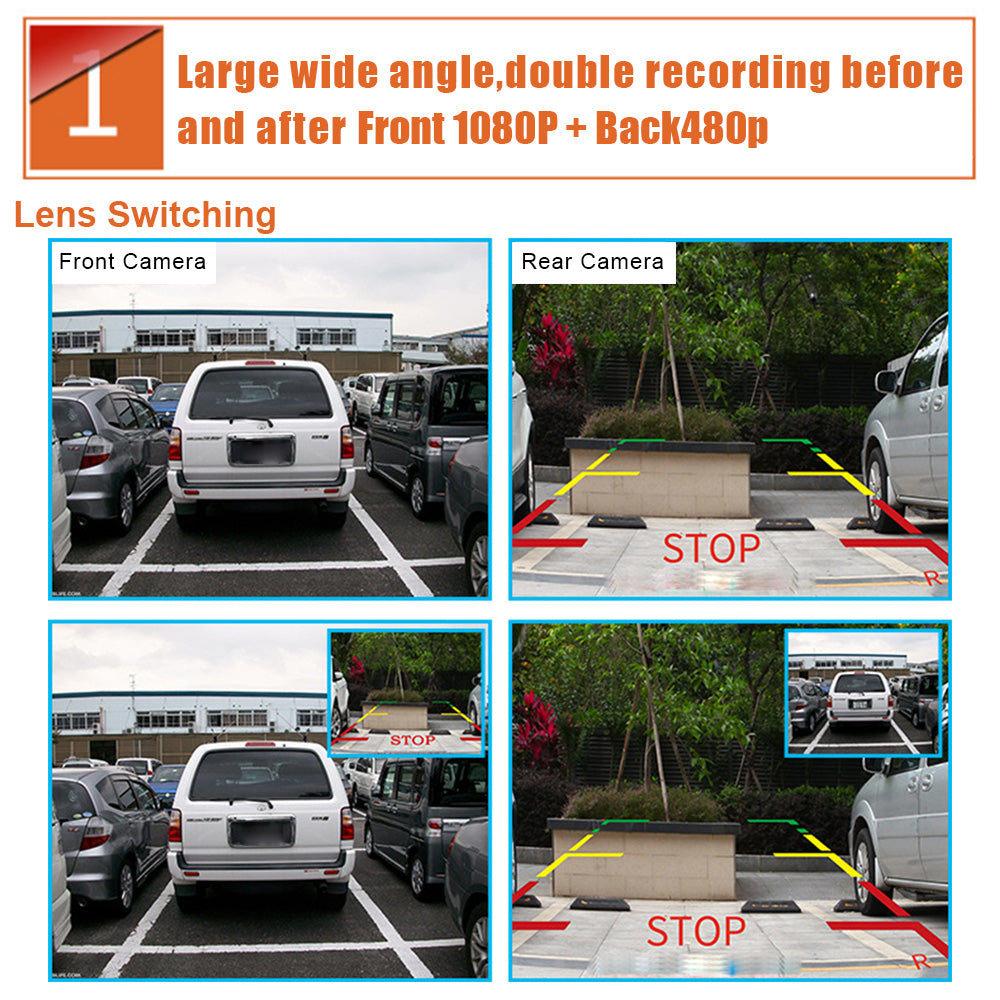 Car Dual Lens Dash Cam 1080P HD Rear View Mirror Camera with Night Vision & Loop Recording