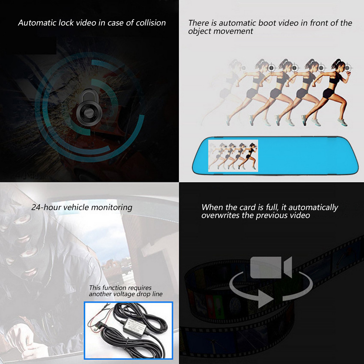 Car Dual Lens Dash Cam 1080P HD Rear View Mirror Camera with Night Vision & Loop Recording