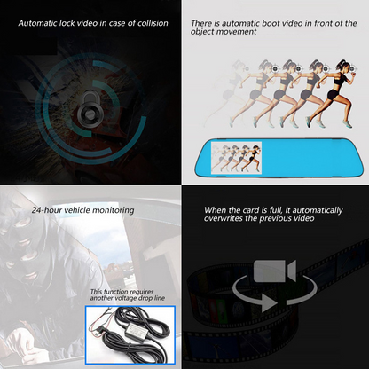 Car Dual Lens Dash Cam 1080P HD Rear View Mirror Camera with Night Vision & Loop Recording