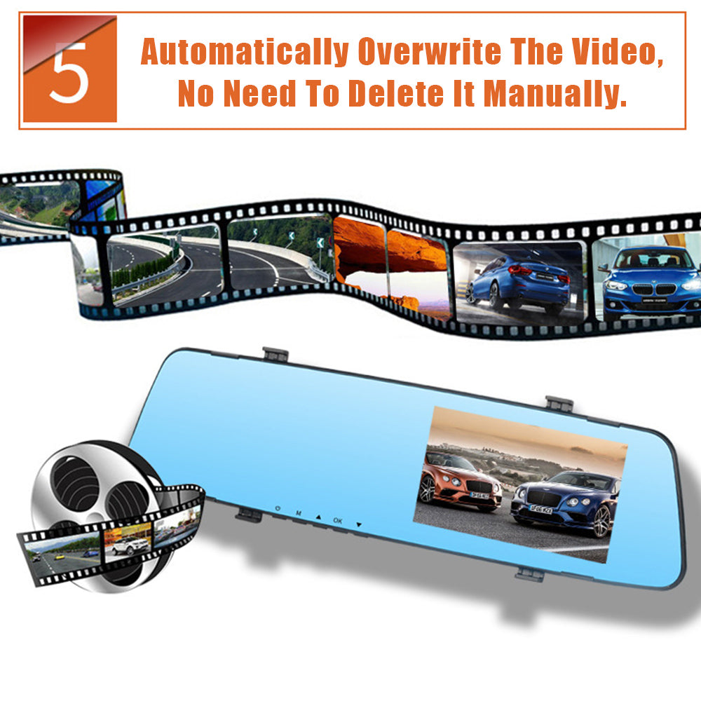 Car Dual Lens Dash Cam 1080P HD Rear View Mirror Camera with Night Vision & Loop Recording