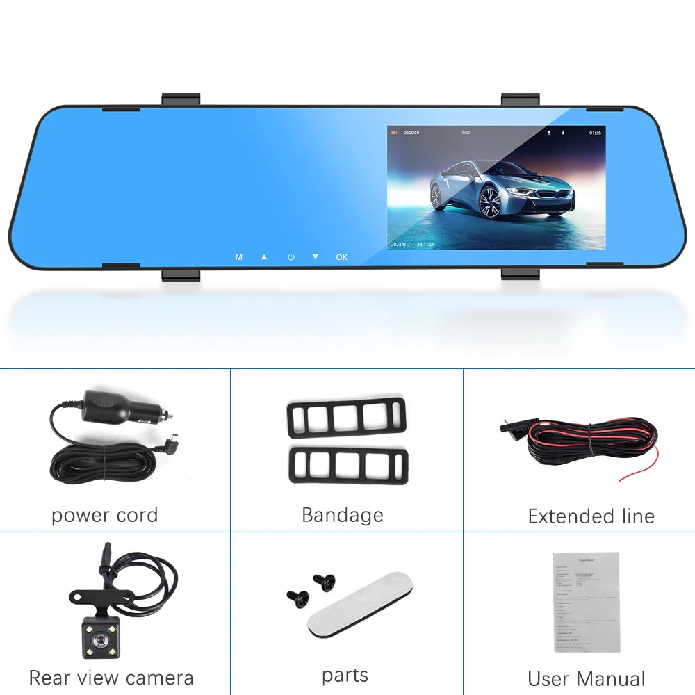 Car Dual Lens Dash Cam 1080P HD Rear View Mirror Camera with Night Vision & Loop Recording